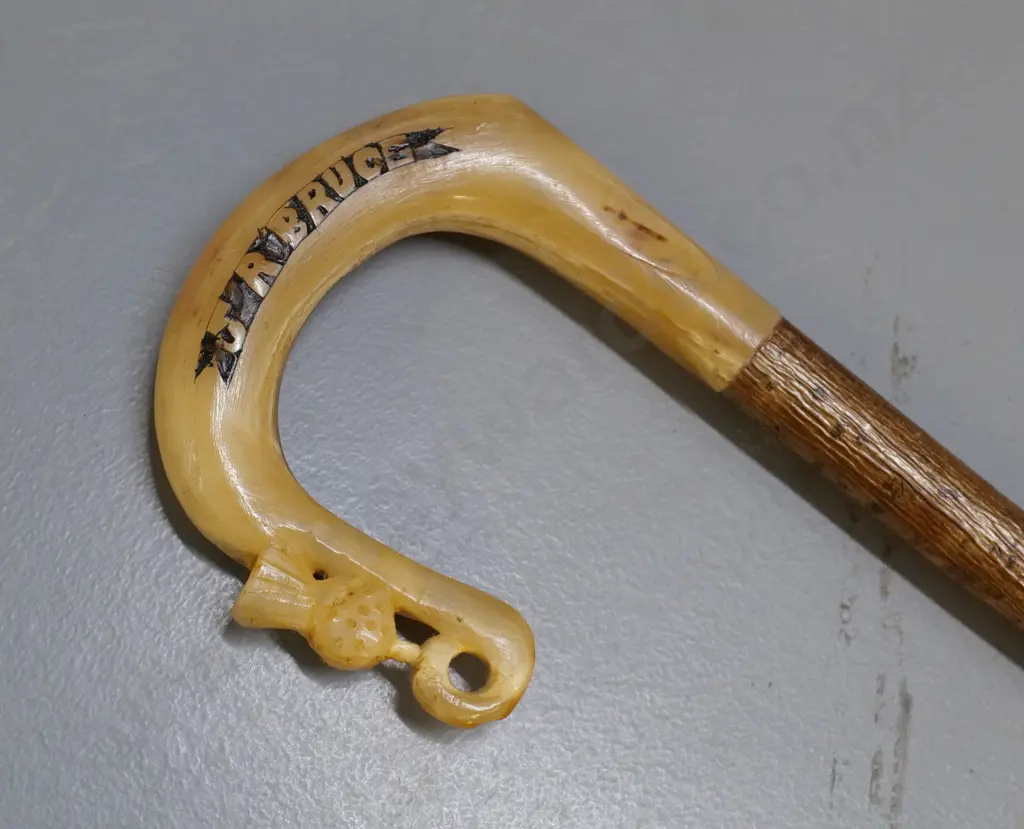 walking stick with carved bone crook shaped Scotch thistle motif handle marked J.R. Bruce L-1130 Image 1++
