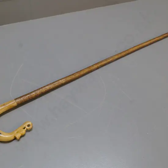 walking stick with carved bone crook shaped Scotch thistle motif handle marked J.R. Bruce L-1130