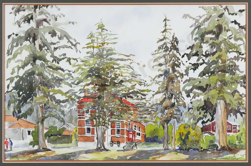 Hodgson '05 - framed watercolour - buildings amongst trees H-3540 W-530 Image 1++