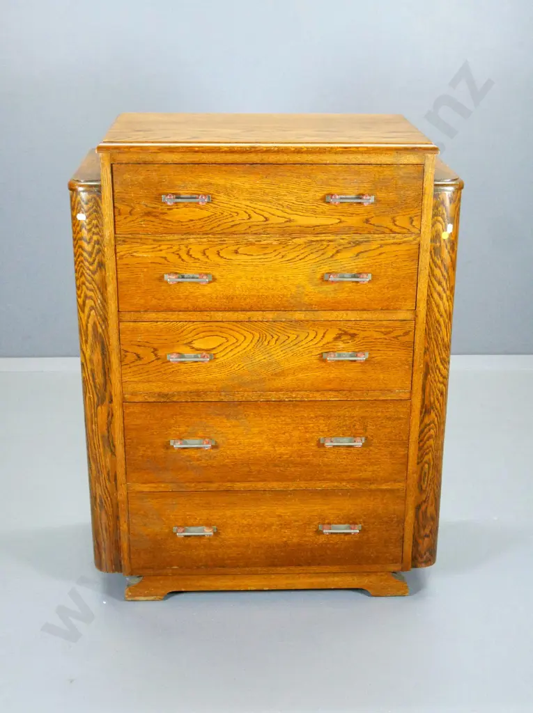 deco oak 5-drawer chest with original bakelite & chrome handles H1020 W780 D400 Image 1++
