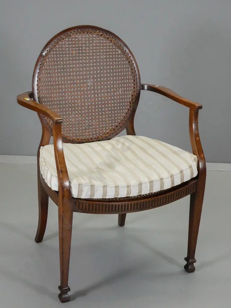 mahogany regency-style elbow chair w/bergere cane back, striped chenille velvet seat, some damage to cane H940 W670 D490 Image 1++