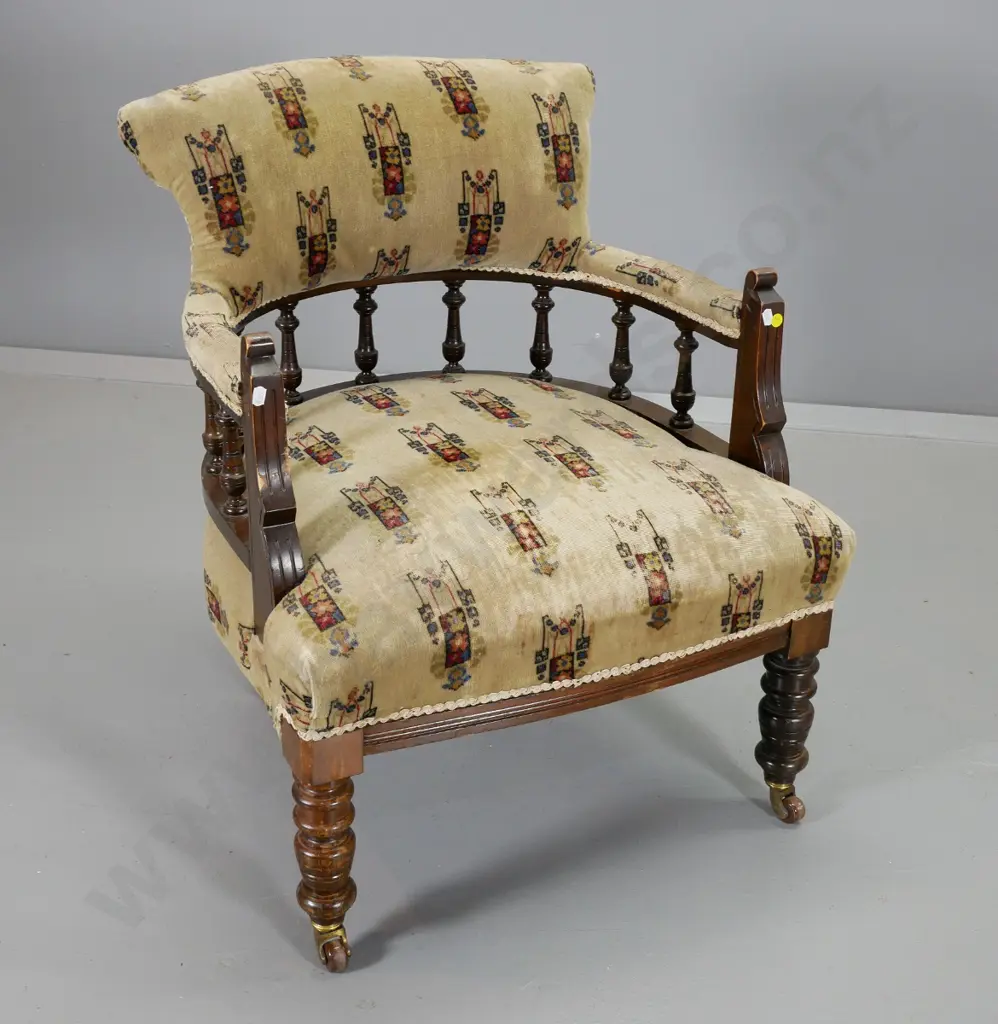 vintage timber framed spindle back tub chair, porcelain casters, original velvet is worn. H-760 W-580 D-610 Image 1++