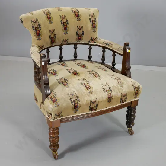 vintage timber framed spindle back tub chair, porcelain casters, original velvet is worn. H-760 W-580 D-610