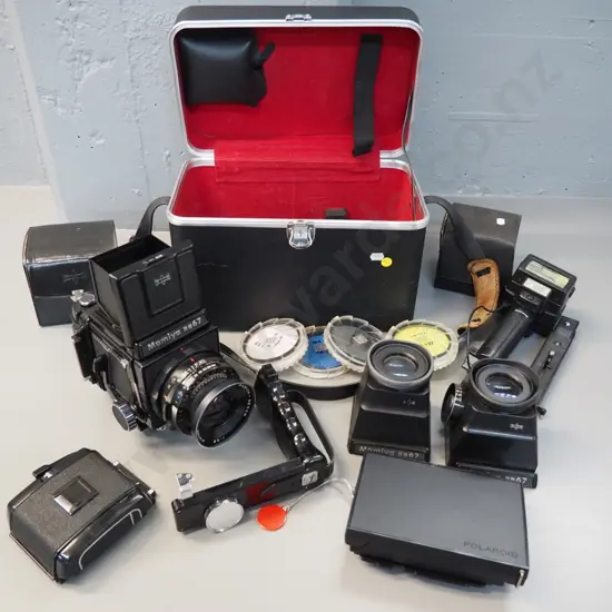 Mamiya RB67 6x7 120 film camera kit with 3 viewfinders, 2 film backs, Polaroid back, case and accessories - untested