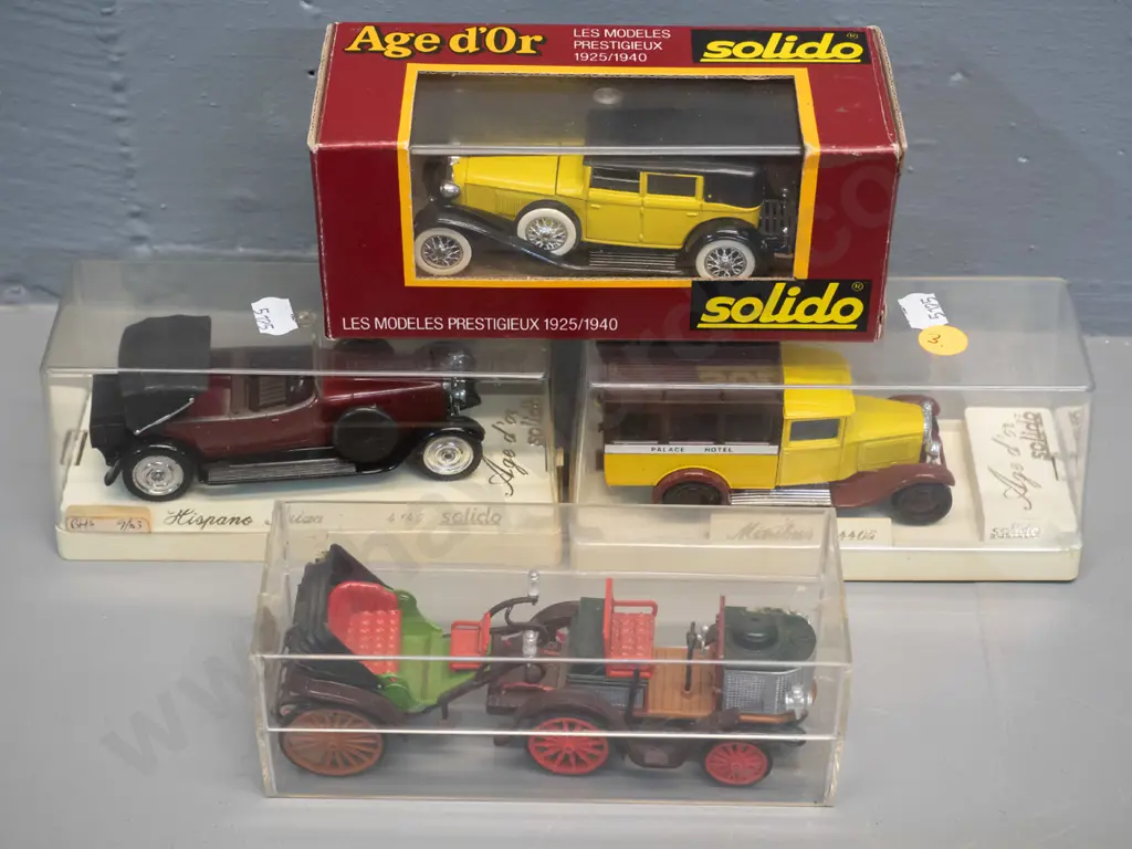 4 model vintage vehicles, 3 in original packaging: 3 Solido and 1 Rio Italian Image 1++