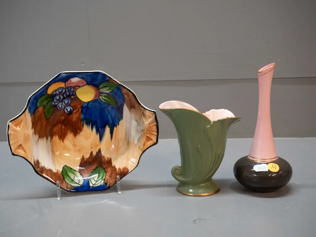 2 Carlton ware vases and a Tunstall autumn pattern dish. Taller vase H160 Image 1++