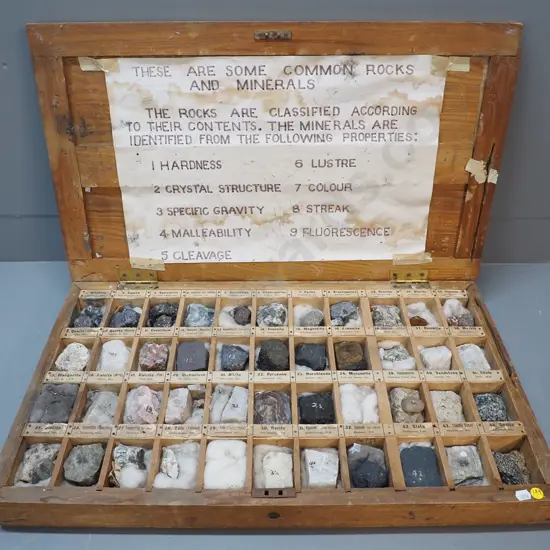 vintage large wood-cased collection of mineral samples from Canada - all labelled. Case H80 W680 D400