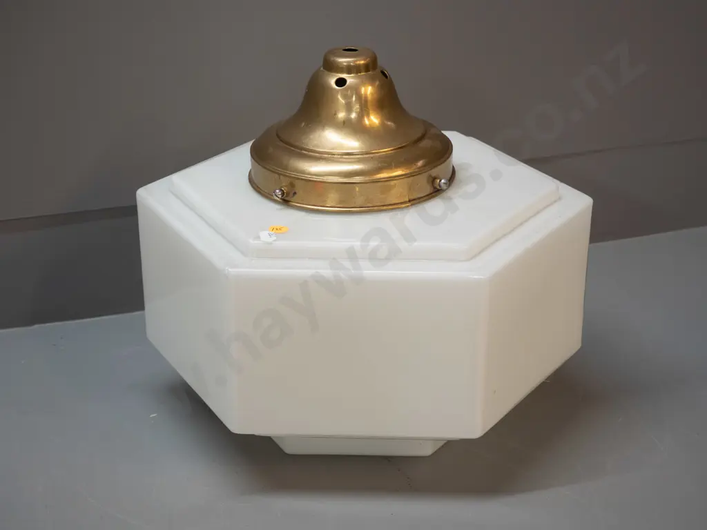 deco hexagonal milk glass ceiling light fitting with brass journal H290 W360 Image 1++