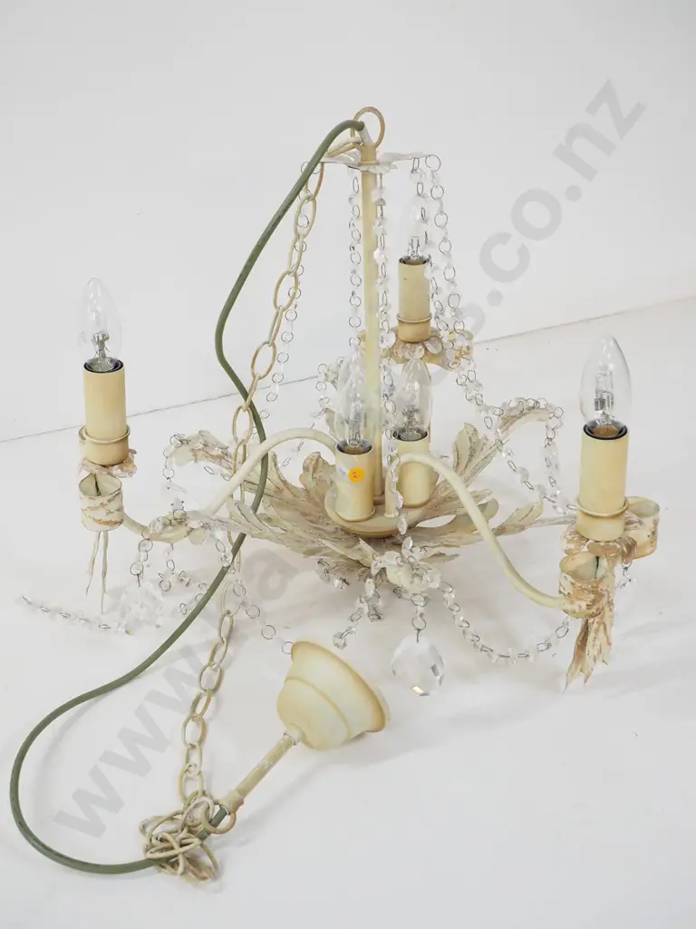 painted metal 6 light chandelier light fitting with aged finish, some glass drop chains need re-attaching H430 D490 Image 1++
