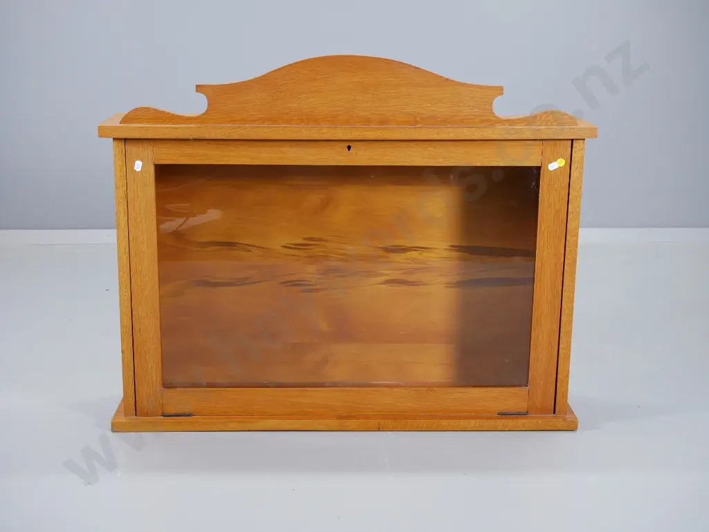vintage oak wall mount display cabinet with drop-down glazed door, escutcheon & key H-570 W-840 D-200 Image 1++
