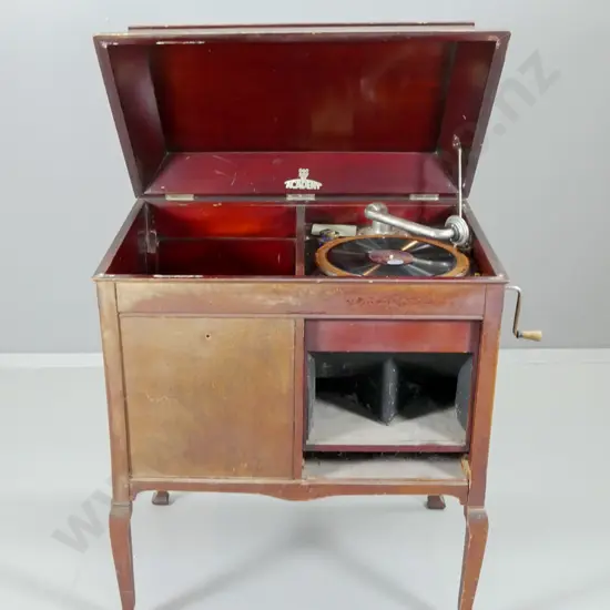 vintage Academy gramophone in mahogany cabinet w/assorted records - going, cabinet in restorer's cond H900 W760 D510