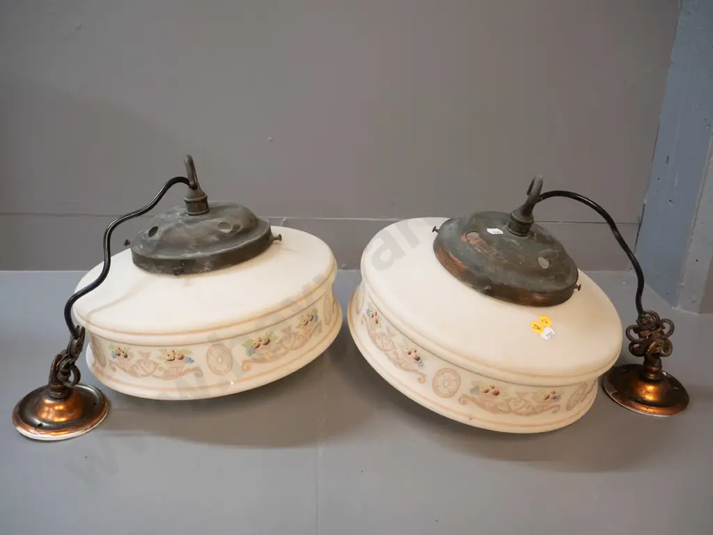 pair of deco hand painted milk glass hanging light fittings, copper finish journal and roses H-270 D-290 Image 1++