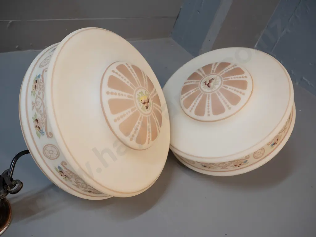 pair of deco hand painted milk glass hanging light fittings, copper finish journal and roses H-270 D-290 Image 1++