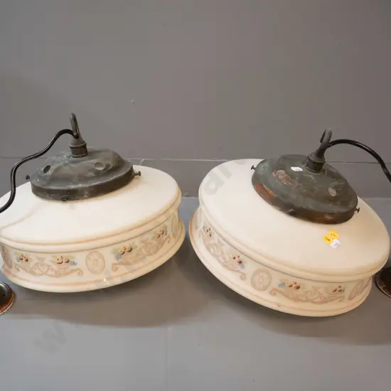 pair of deco hand painted milk glass hanging light fittings, copper finish journal and roses H-270 D-290