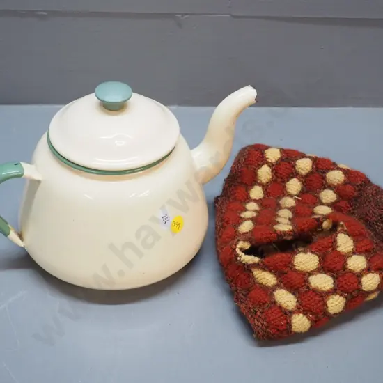 retro Kockum Sweden 1.5 pint enamel teapot H170 W240 - a bit of enamel loss around spout, with knitted tea cosy