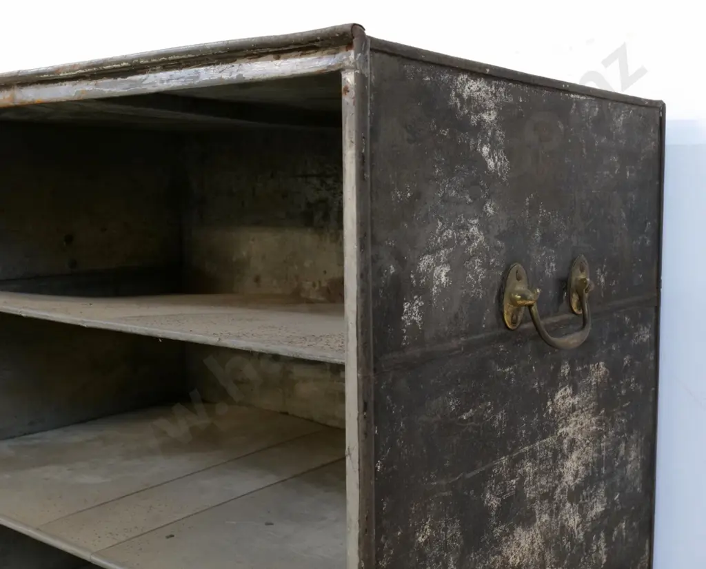 vintage metal storage chest with 2 inner shelves, drop front, brass handles - corrosion and warping H470 W570 D360 Image 1++