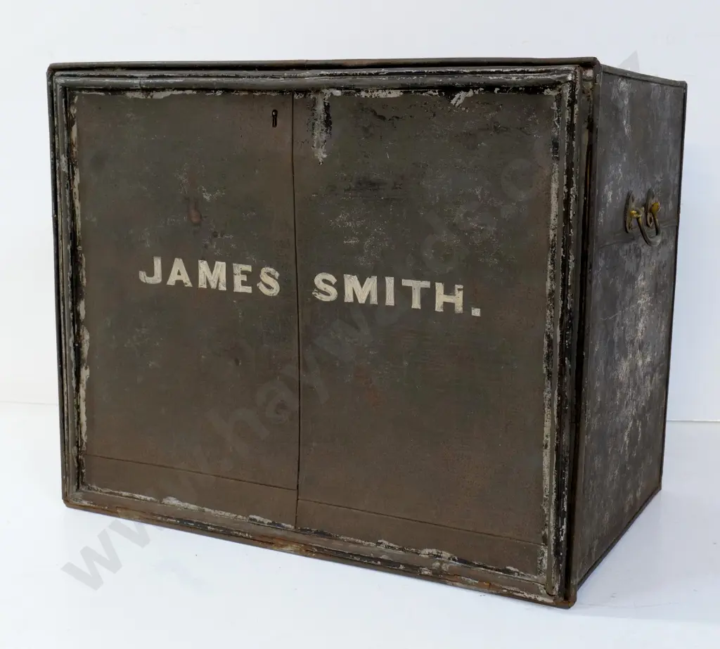 vintage metal storage chest with 2 inner shelves, drop front, brass handles - corrosion and warping H470 W570 D360 Image 1++