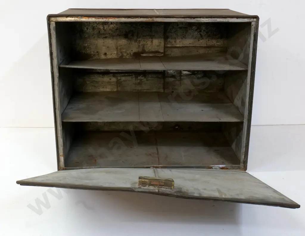 vintage metal storage chest with 2 inner shelves, drop front, brass handles - corrosion and warping H470 W570 D360 Image 1++