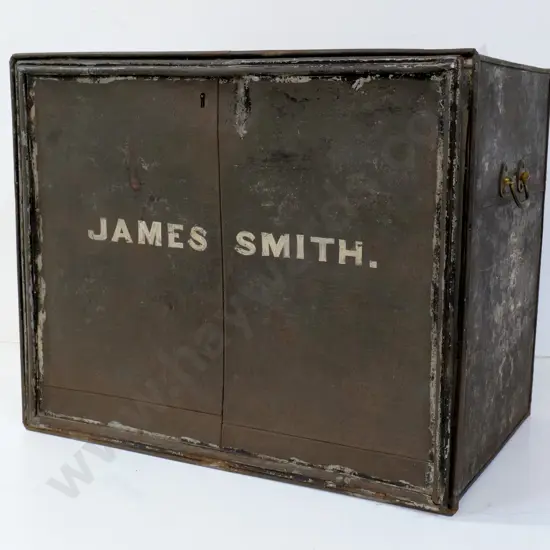 vintage metal storage chest with 2 inner shelves, drop front, brass handles - corrosion and warping H470 W570 D360