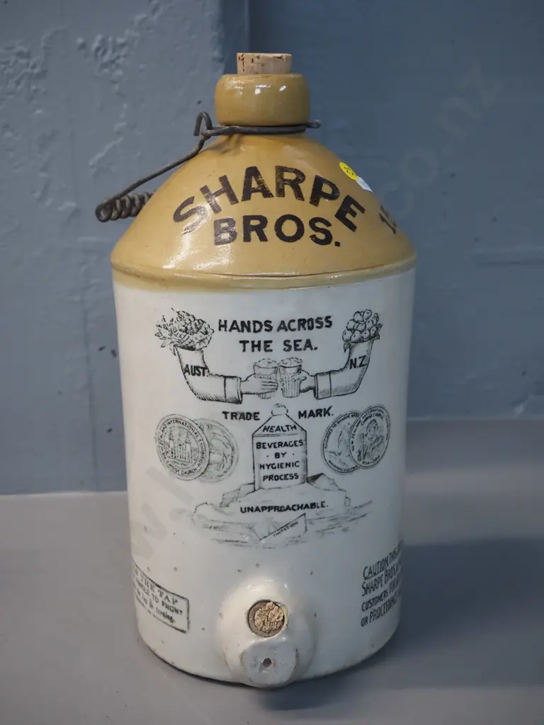 Sharpe Brothers "Hands Across the Sea" narrow mouth crock with wire handle, no spigot H-380 D-200 Image 1++