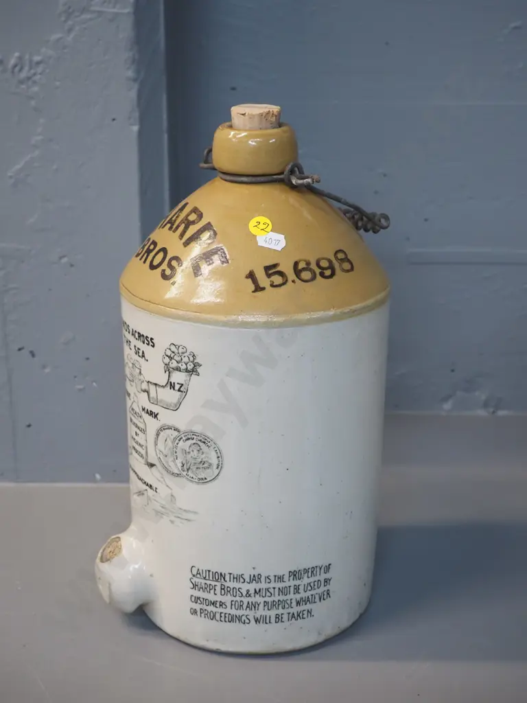 Sharpe Brothers "Hands Across the Sea" narrow mouth crock with wire handle, no spigot H-380 D-200 Image 1++