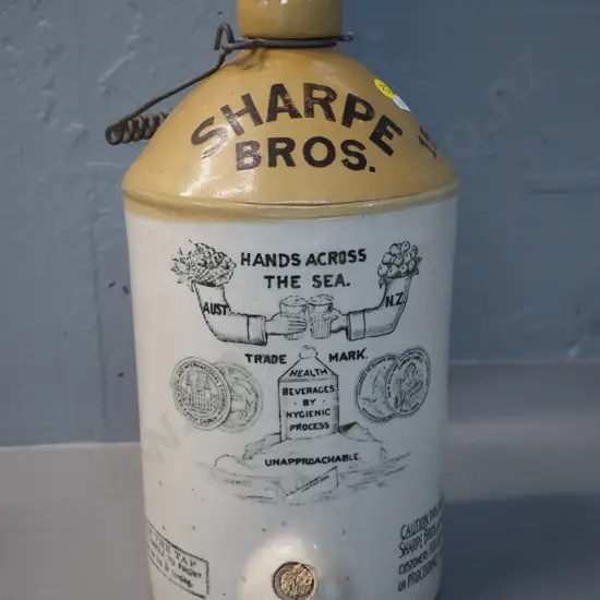 Sharpe Brothers "Hands Across the Sea" narrow mouth crock with wire handle, no spigot H-380 D-200