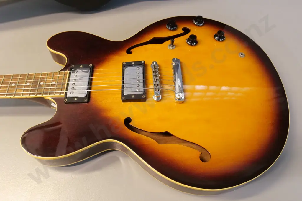 Epiphone 335-style electric guitar, no label/serial, age unknown, scratchy pots need attention, w./case, Vox Amplug2 etc Image 1++
