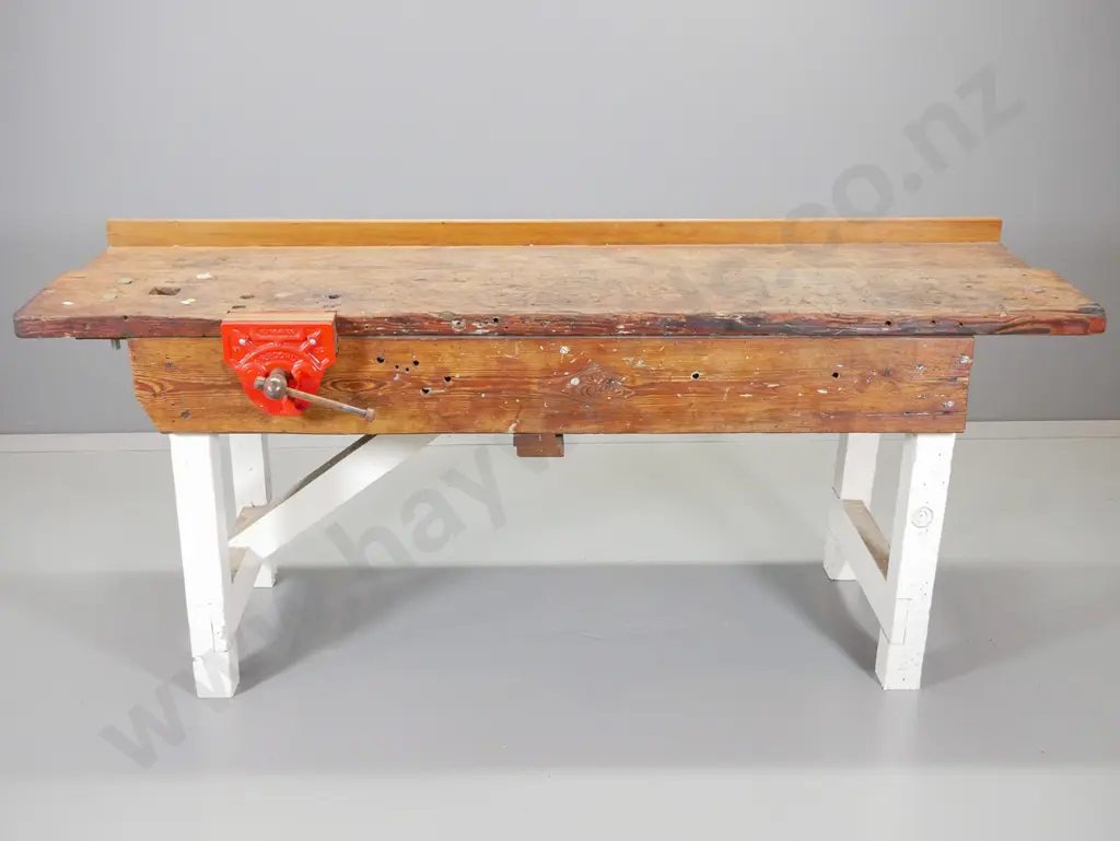 vintage mixed timber partly painted work bench with fitted Record No. 52 vise - a bit of borer H810 W1830 D680 Image 1++