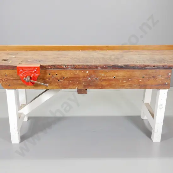 vintage mixed timber partly painted work bench with fitted Record No. 52 vise - a bit of borer H810 W1830 D680