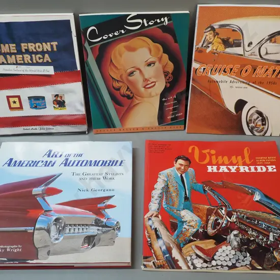 5 books on American retro and vintage design: Automobile advertising, pop culture, country music albums, magazine covers