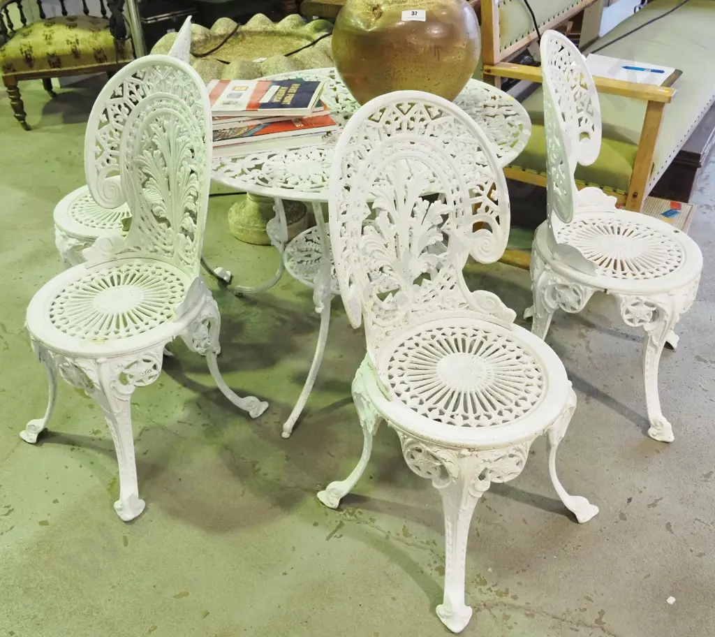 cast aluminium Victorian style outdoor table and 4 matching chairs, one with leg join repair H-650 D-850 Image 1++