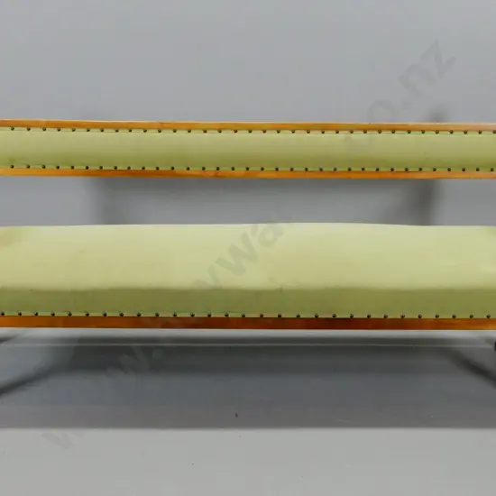 kauri framed deco style bench with studded fabric upholstered seat and back - marks, polish needs work H870 W1960 D570