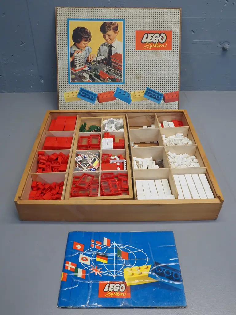 retro wood-cased Lego System set - booklet has been reinforced with clear tape W470 D400 Image 1++