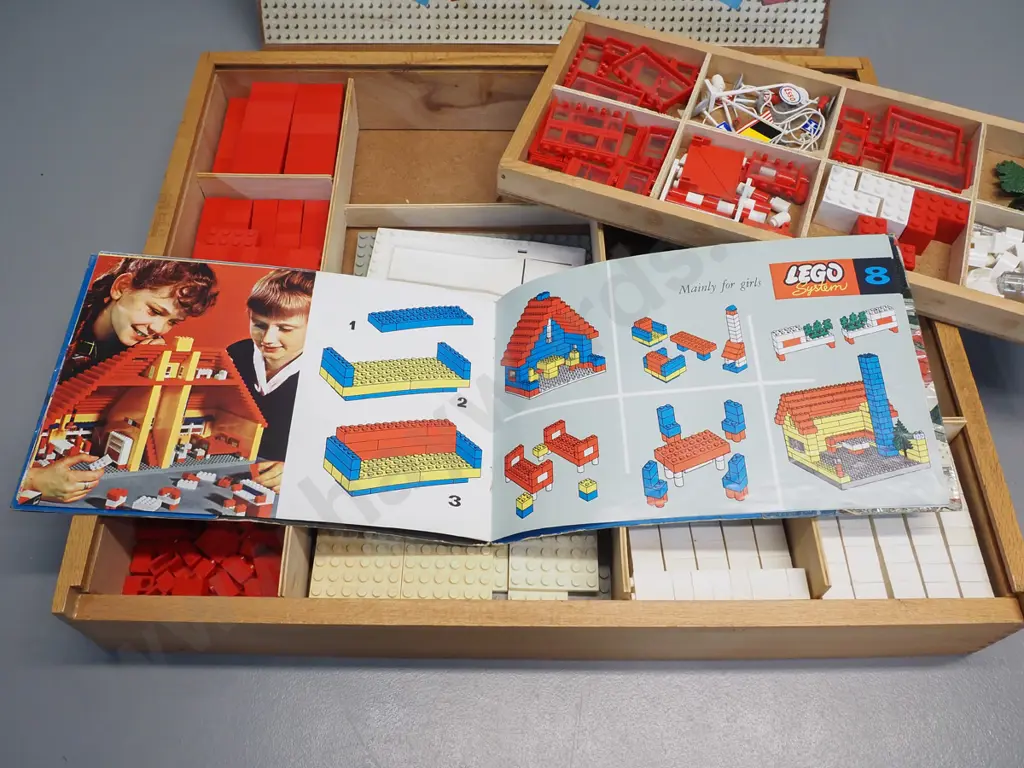 retro wood-cased Lego System set - booklet has been reinforced with clear tape W470 D400 Image 1++