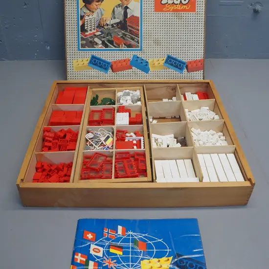 retro wood-cased Lego System set - booklet has been reinforced with clear tape W470 D400