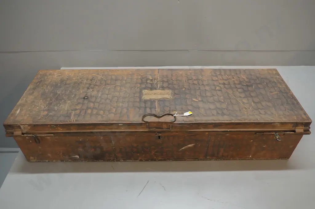 vintage metal trunk w/Robert Woodhouse Esq. engraved on brass plaque. metal handles, cloth ties inside H220 L1040 D350 Image 1++