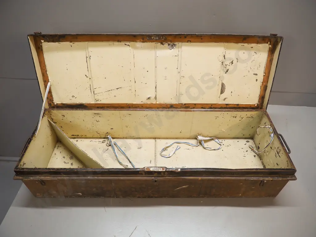 vintage metal trunk w/Robert Woodhouse Esq. engraved on brass plaque. metal handles, cloth ties inside H220 L1040 D350 Image 1++