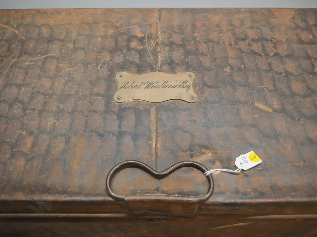 vintage metal trunk w/Robert Woodhouse Esq. engraved on brass plaque. metal handles, cloth ties inside H220 L1040 D350 Image 1++