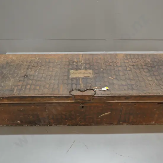 vintage metal trunk w/Robert Woodhouse Esq. engraved on brass plaque. metal handles, cloth ties inside H220 L1040 D350