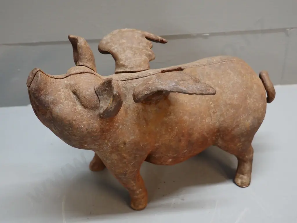 large 2-part cast iron flying pig money box H-220 L-330 Image 1++