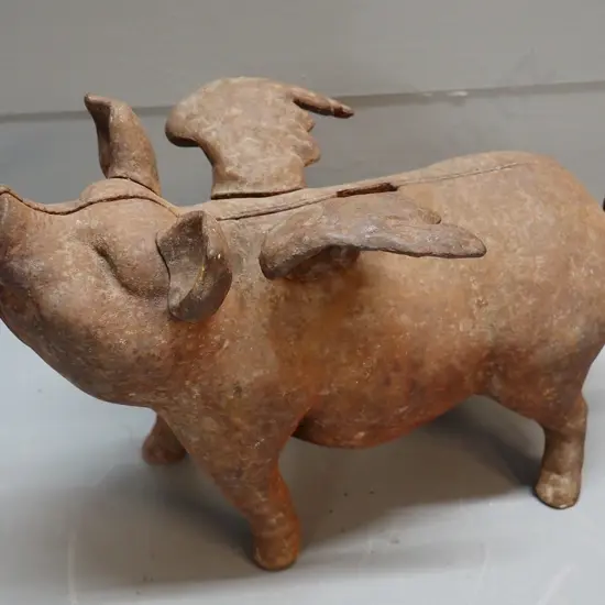 large 2-part cast iron flying pig money box H-220 L-330