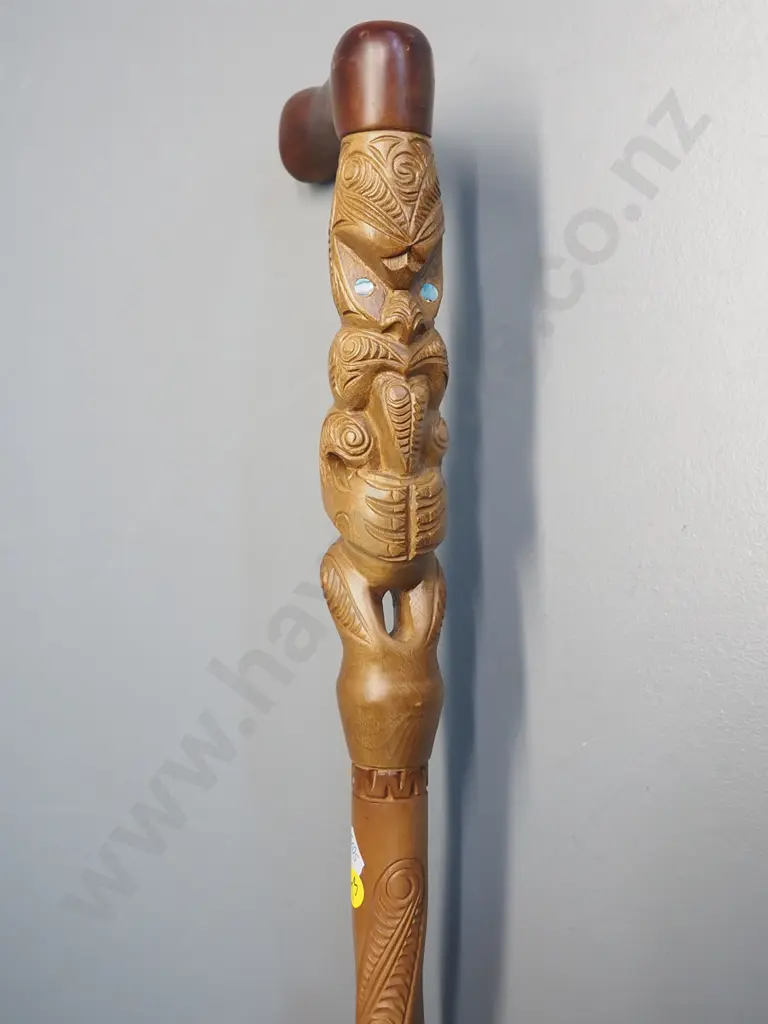 wooden walking stick with Maori motifs and paua insets L-890 Image 1++