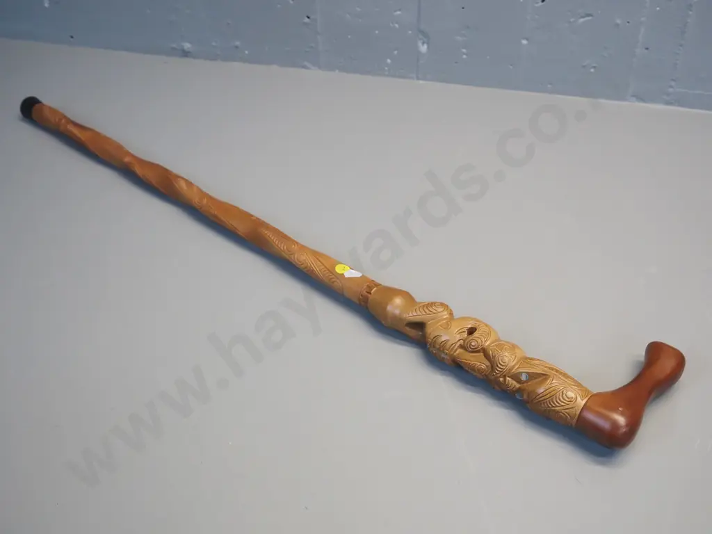 wooden walking stick with Maori motifs and paua insets L-890 Image 1++