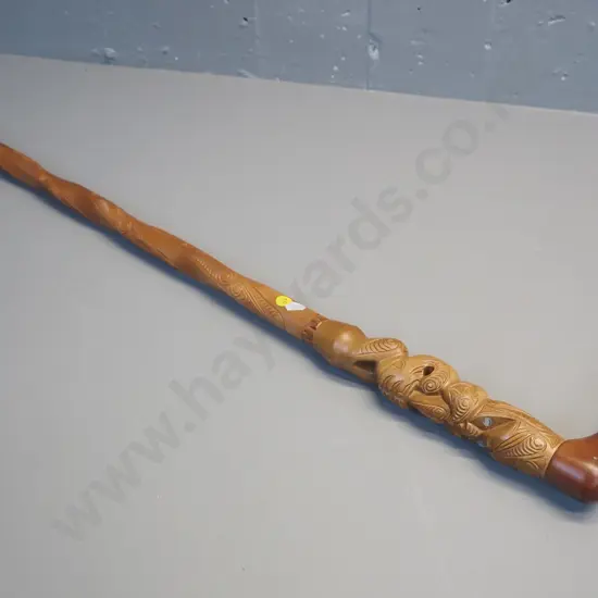 wooden walking stick with Maori motifs and paua insets L-890