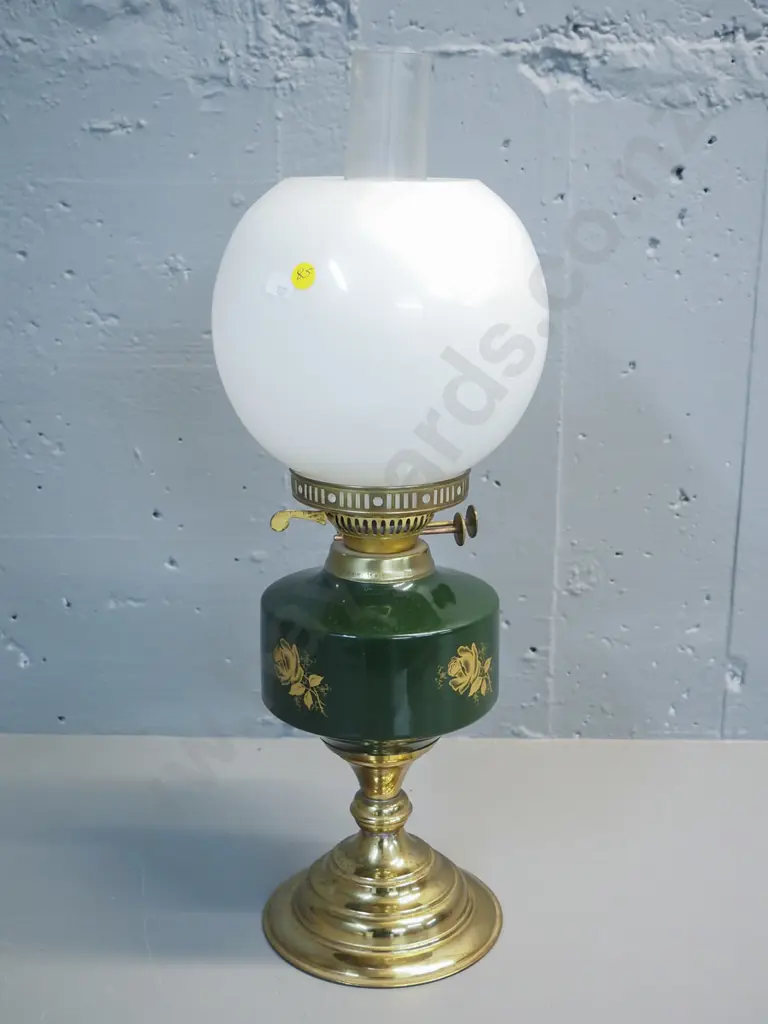 brass and ceramic kerosene lamp with milk glass globe shade, clear chimney H-550 Image 1++
