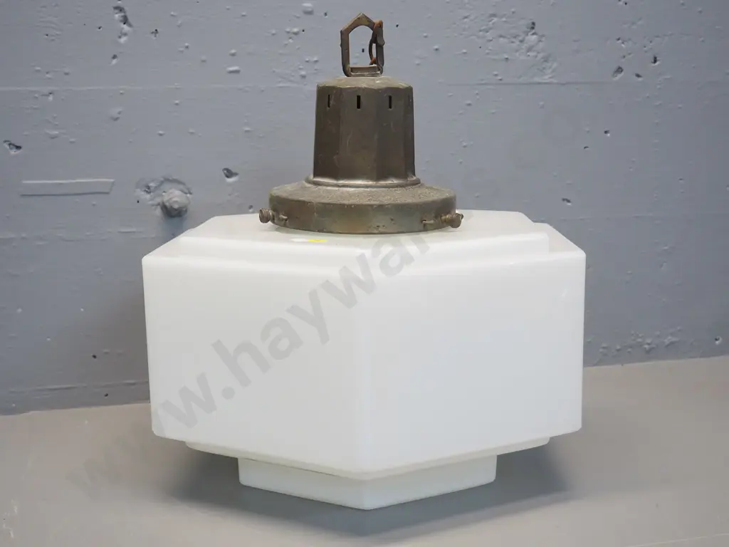 deco milk glass large hexagonal ceiling light with brass journal/fitting H-360 350 x 350 - some pitting to brass Image 1++