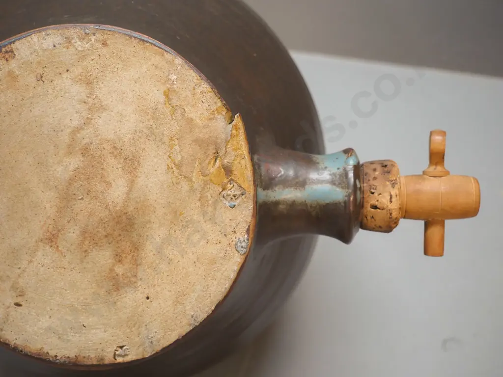 large studio pottery drinks urn w/wooden spigot, cork, unknown maker's mark, small manufacturing fault on base H360 Image 1++