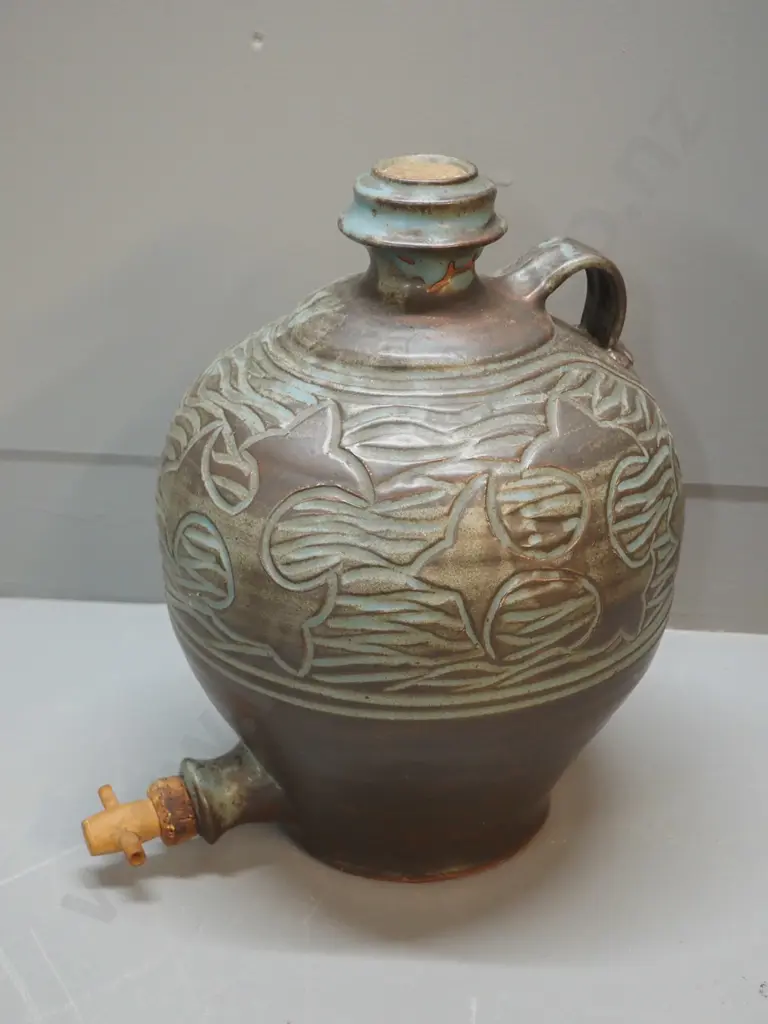 large studio pottery drinks urn w/wooden spigot, cork, unknown maker's mark, small manufacturing fault on base H360 Image 1++