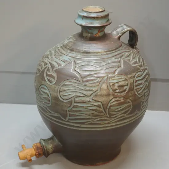 large studio pottery drinks urn w/wooden spigot, cork, unknown maker's mark, small manufacturing fault on base H360
