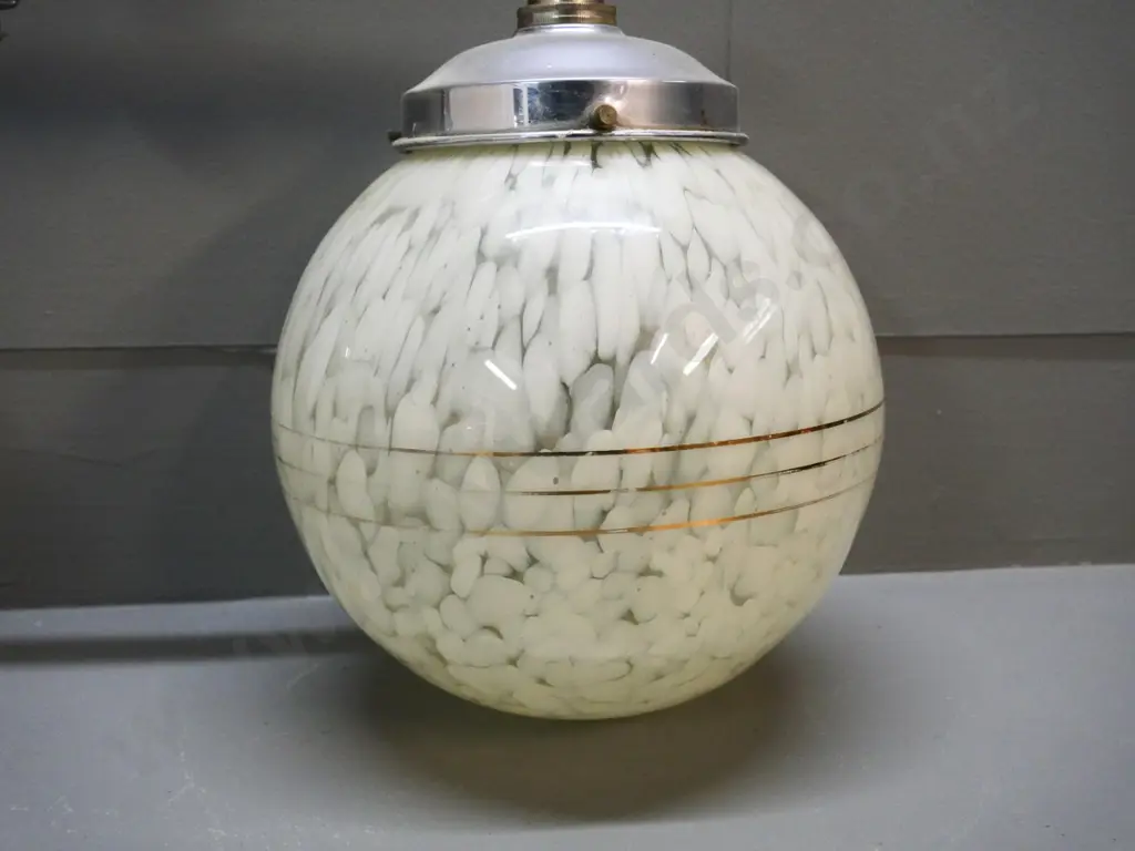 deco chrome ceiling light fitting with 2 mottled glass globe shades H-700 W-560 Shades D-200 Image 1++